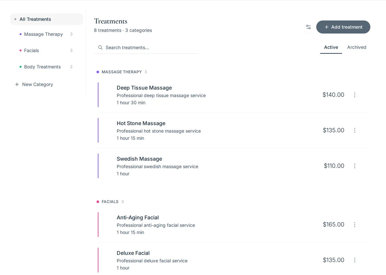 Booct treatment menu: services grouped by category — massage therapy, facials, body treatments — each with description, duration and price